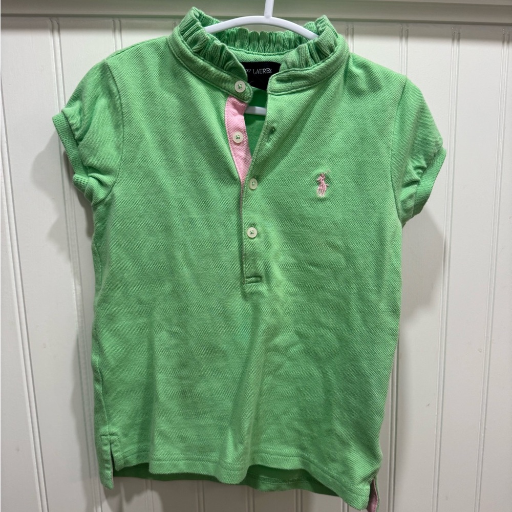 Ralph Lauren Polo Toddler Girls Green & Pink ruffle shirt 4T - RN 41381 CA 56658
